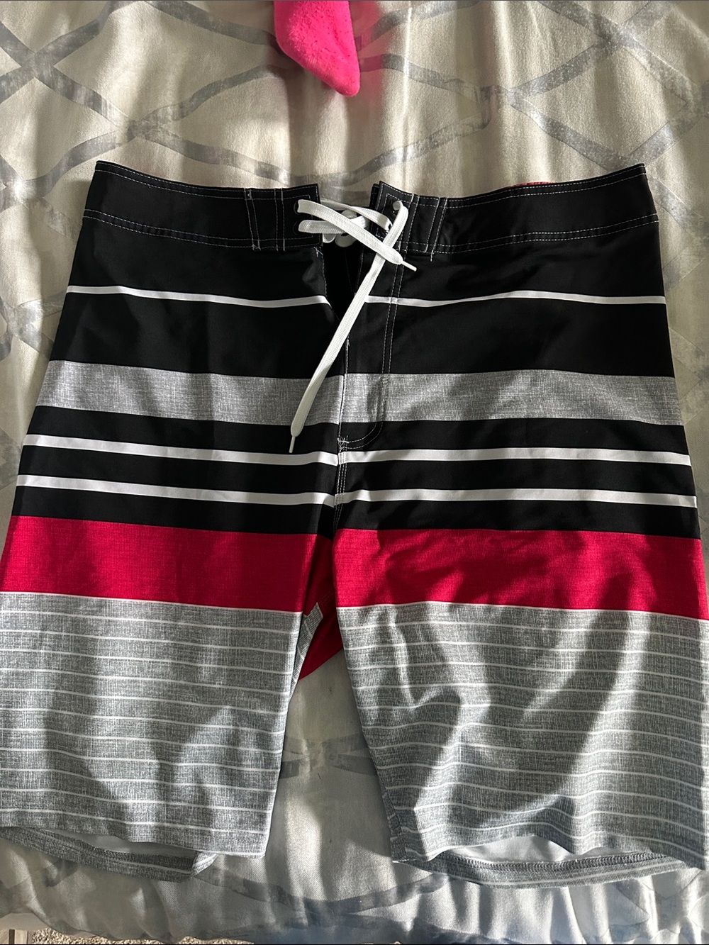 Old Navy Black, Gray & Red Striped Swim Board Shorts